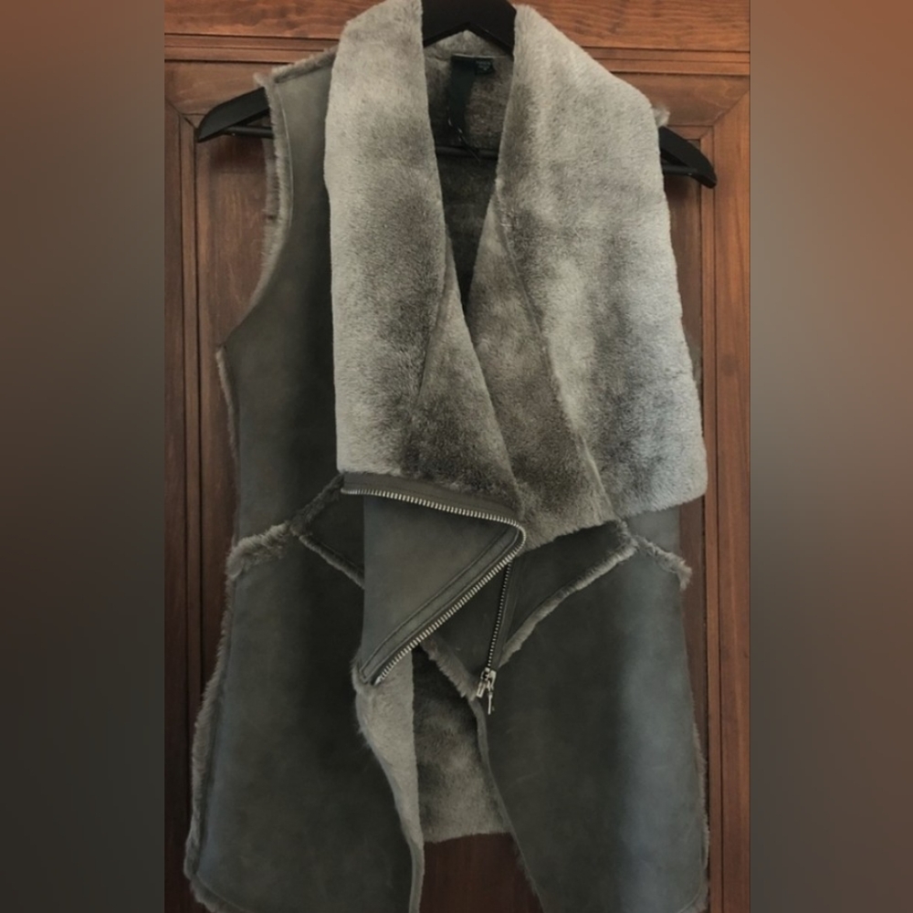 Kenna T Gray Shearling Vest with Real Lamb Fur & leather Zipper Size M